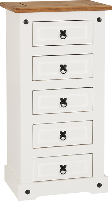 Corona 5 Drawer Narrow Chest In White Pine